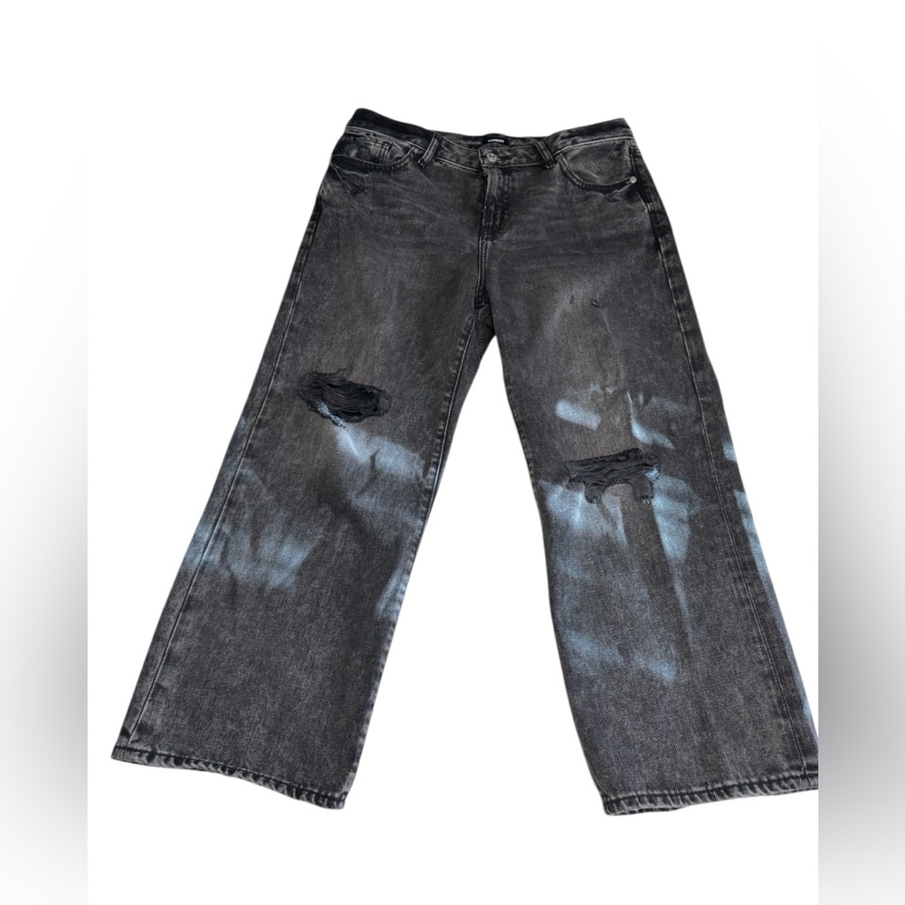 Express Distressed Black Wide-Leg Ankle Jeans Size 8/S